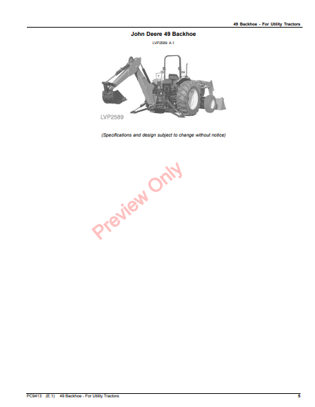 JOHN DEERE 49 BACKHOE - FOR UTILITY TRACTORS PC9413 - PARTS CATALOG MANUAL