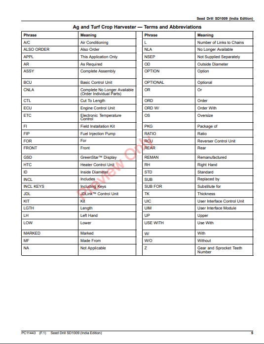 JOHN DEERE SEED DRILL SD1009 (INDIA EDITION) PC11443 - PARTS CATALOG MANUAL