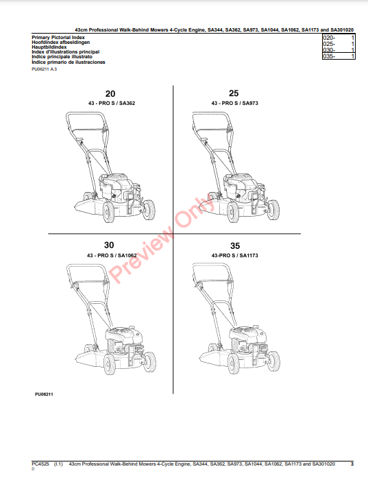 JOHN DEERE 43CM PROFESSIONAL WALK-BEHIND MOWERS 4-CYCLE ENGINE, SA344, SA362, SA973,SA1044, SA1062, SA1173 PC4525 - PARTS CATALOG MANUAL