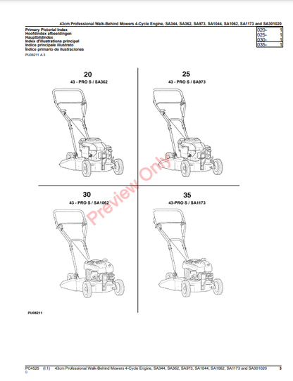 JOHN DEERE 43CM PROFESSIONAL WALK-BEHIND MOWERS 4-CYCLE ENGINE, SA344, SA362, SA973,SA1044, SA1062, SA1173 PC4525 - PARTS CATALOG MANUAL