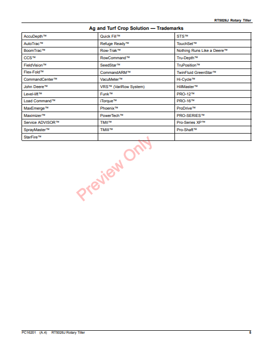 JOHN DEERE RT5026J ROTARY TILLER PC16201 - PARTS CATALOG MANUAL