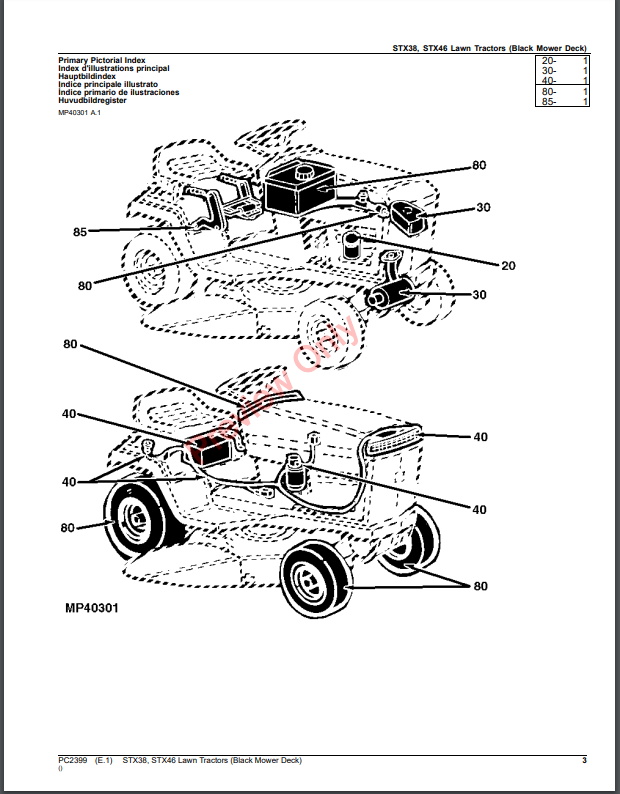 JOHN DEERE STX38, STX46 (BLACK MOWER DECK) LAWN TRACTORS PC2399 - PARTS CATALOG MANUAL