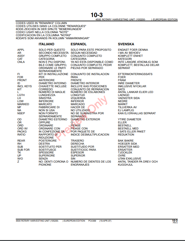 JOHN DEERE 4500 ROTARY HARVESTING UNIT PC4369 - PARTS CATALOG MANUAL