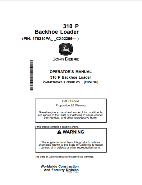 OPERATOR MANUAL - JOHN DEERE 310 P Construction Backhoe Loader OMT475669X019