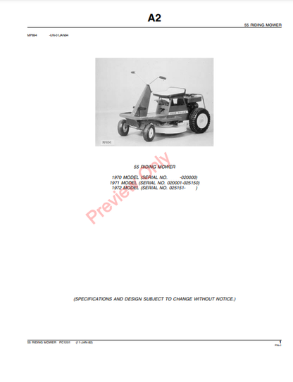 JOHN DEERE 55 RIDING MOWER PC1201 - PARTS CATALOG MANUAL