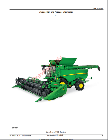 JOHN DEERE S785 COMBINE PC14406 - PARTS CATALOG MANUAL