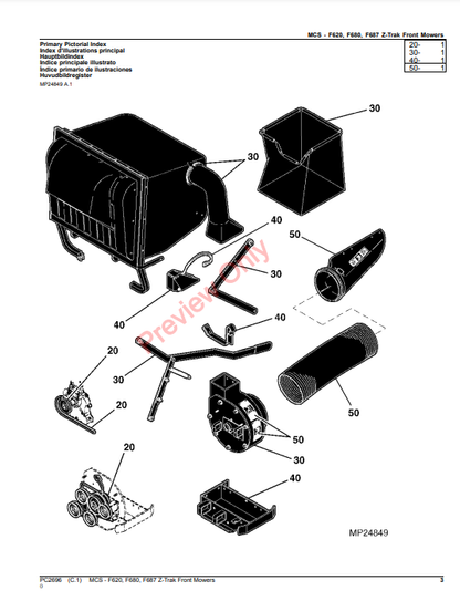 JOHN DEERE MATERIAL COLLECTION SYSTEM (MCS) FOR F620, F680 AND F687 ZTRAK FRONT MOWERS PC2696 - PARTS CATALOG MANUAL