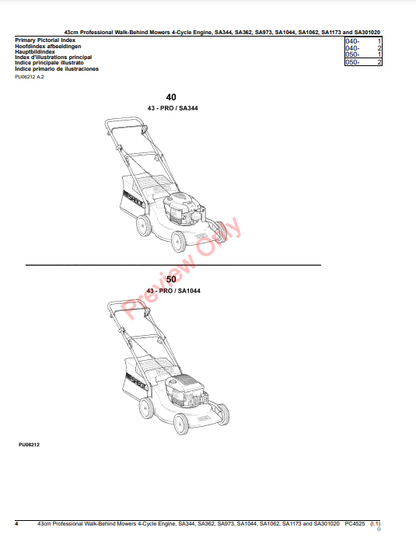 JOHN DEERE 43CM PROFESSIONAL WALK-BEHIND MOWERS 4-CYCLE ENGINE, SA344, SA362, SA973,SA1044, SA1062, SA1173 PC4525 - PARTS CATALOG MANUAL