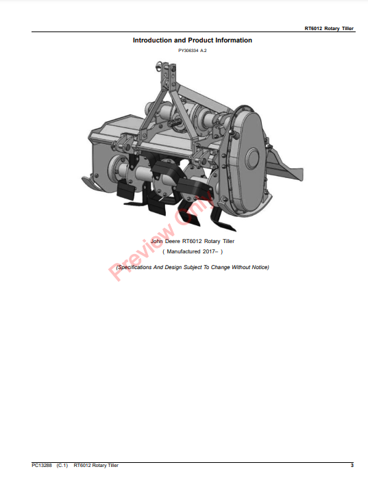 JOHN DEERE RT6012 ROTARY TILLER PC13288 - PARTS CATALOG MANUAL