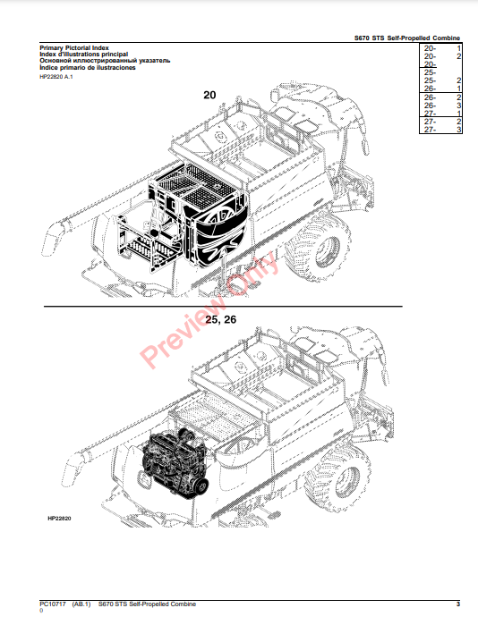 JOHN DEERE S670 STS SELF-PROPELLED COMBINE PC10717 - PARTS CATALOG MANUAL