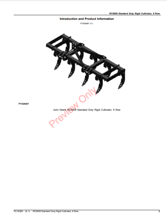 JOHN DEERE RC5009 STANDARD DUTY RIGID CULTIVATOR, 9 ROW PC16300 - PARTS CATALOG MANUAL