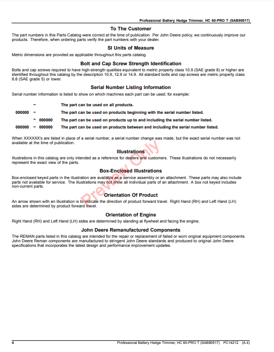 JOHN DEERE PROFESSIONAL BATTERY HEDGE TRIMMER, HC 60-PRO T (SAB80517) PC14212 - PARTS CATALOG MANUAL