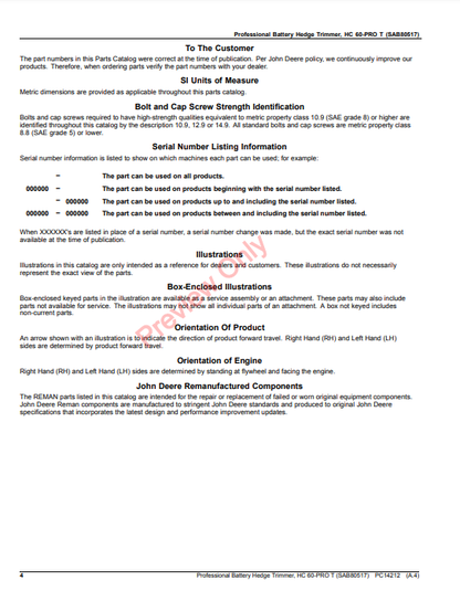 JOHN DEERE PROFESSIONAL BATTERY HEDGE TRIMMER, HC 60-PRO T (SAB80517) PC14212 - PARTS CATALOG MANUAL