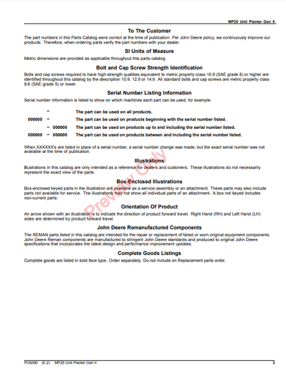 JOHN DEERE MP25 UNIT PLANTER GEN II PC6090 - PARTS CATALOG MANUAL