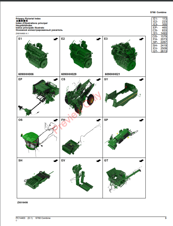 JOHN DEERE S760 COMBINE PC14403 - PARTS CATALOG MANUAL