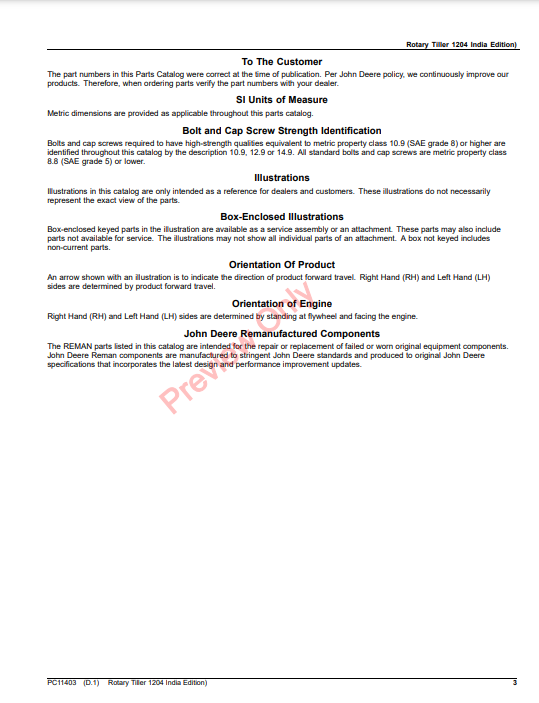 JOHN DEERE ROTARY TILLER 1204 (INDIA EDITION) PC11403 - PARTS CATALOG MANUAL