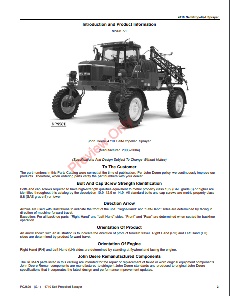 JOHN DEERE 4710 SELF-PROPELLED SPRAYER PC2829 - PARTS CATALOG MANUAL