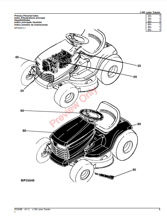 JOHN DEERE L100 LAWN TRACTOR PC9288 - PARTS CATALOG MANUAL