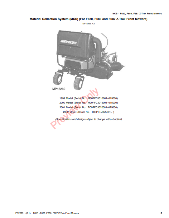 JOHN DEERE MATERIAL COLLECTION SYSTEM (MCS) FOR F620, F680 AND F687 ZTRAK FRONT MOWERS PC2696 - PARTS CATALOG MANUAL