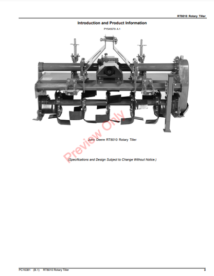 JOHN DEERE RT8010 ROTARY TILLER PC16381 - PARTS CATALOG MANUAL