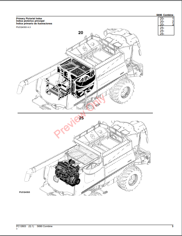 JOHN DEERE S690 COMBINE PC12603 - PARTS CATALOG MANUAL