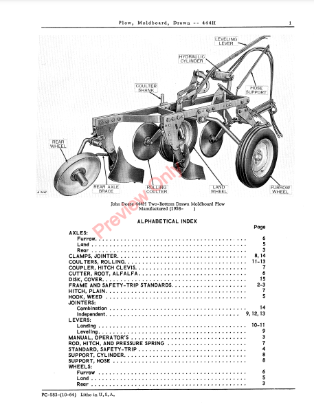 JOHN DEERE 444H MOLDBOARD PLOW,DRAWN PC583 - PARTS CATALOG MANUAL