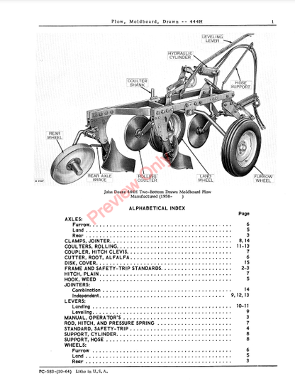 JOHN DEERE 444H MOLDBOARD PLOW,DRAWN PC583 - PARTS CATALOG MANUAL