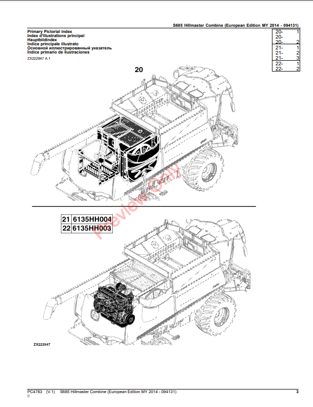 JOHN DEERE S685 HILLMASTER COMBINE PC4783 - PARTS CATALOG MANUAL