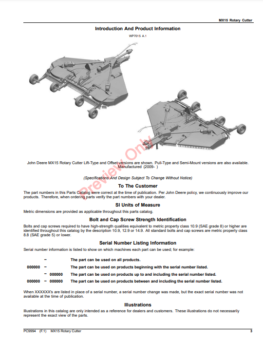 JOHN DEERE MX15 ROTARY CUTTER PC9994 - PARTS CATALOG MANUAL