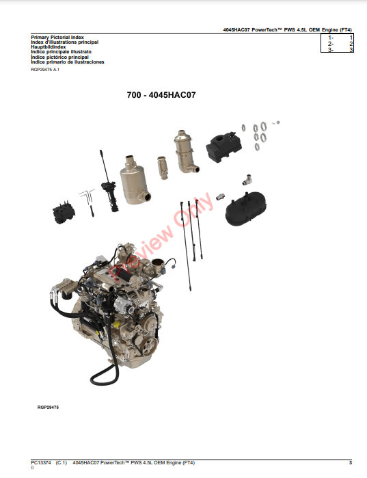 JOHN DEERE 4045HAC07 POWERTECH PWS 4.5L OEM ENGINE (FT4) PC13374 - PARTS CATALOG MANUAL