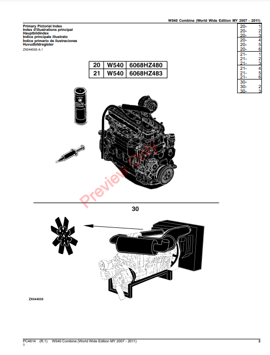 JOHN DEERE W540 COMBINE (WORLDWIDE EDITION MY 2007-2011) PC4614 - PARTS CATALOG MANUAL