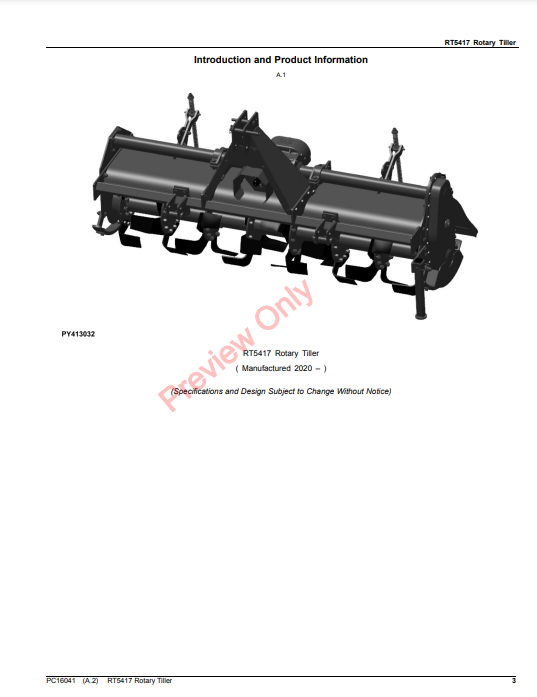 JOHN DEERE RT5417 ROTARY TILLER PC16041 - PARTS CATALOG MANUAL