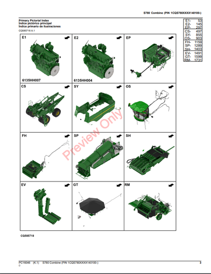 JOHN DEERE S780 COMBINE PC16046 - PARTS CATALOG MANUAL