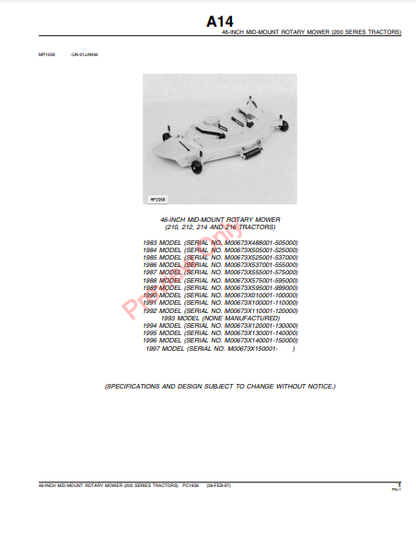 JOHN DEERE 46-INCH TRACTOR-MOUNTED ROTARY MOWER (FOR 200 SERIES) PC1938 - PARTS CATALOG MANUAL