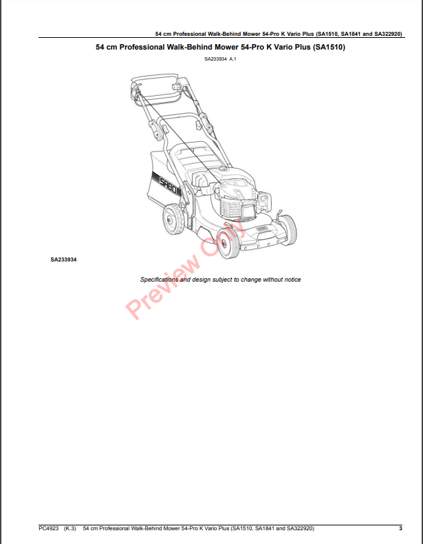 JOHN DEERE 54CM PROFESSIONAL WALK-BEHIND MOWER 54-PRO K VARIO PLUS (SA1510, SA1841, AND SA322920) PC4923 - PARTS CATALOG MANUAL