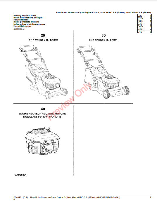 JOHN DEERE REAR  ROLLER MOWERS 4-CYCLE ENGINE FJ180V, 47-K VARIO B R (SA940), 54-K B R (SA941) PC4540 - PARTS CATALOG MANUAL