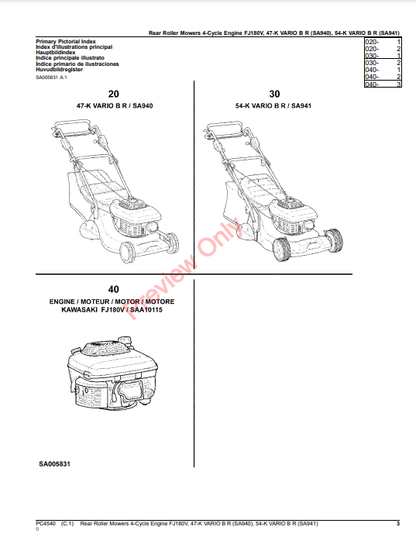 JOHN DEERE REAR  ROLLER MOWERS 4-CYCLE ENGINE FJ180V, 47-K VARIO B R (SA940), 54-K B R (SA941) PC4540 - PARTS CATALOG MANUAL