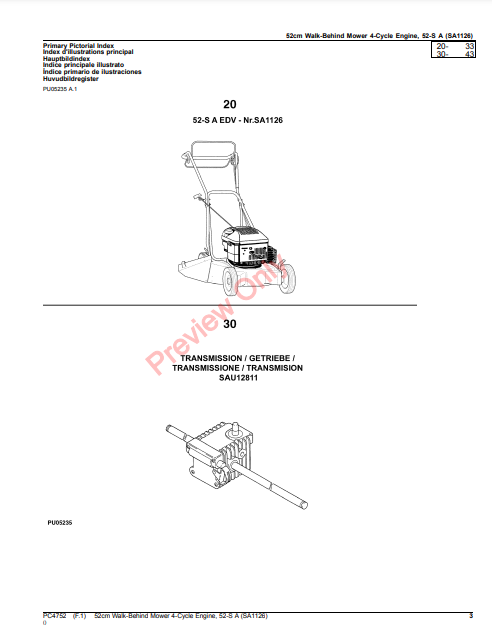 JOHN DEERE 52 CM WALK-BEHIND MOWER 4-CYCLE ENGINE, 52-SA (SA1126) PC4752 - PARTS CATALOG MANUAL