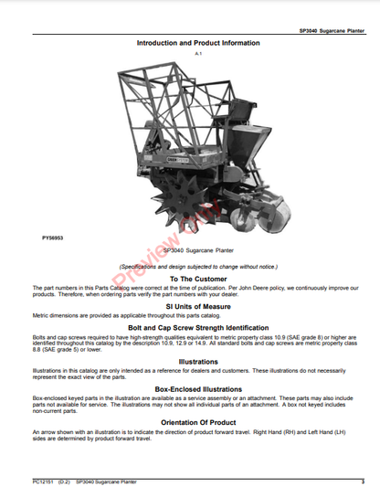 JOHN DEERE SP3040 SUGARCANE PLANTER PC12151 - PARTS CATALOG MANUAL