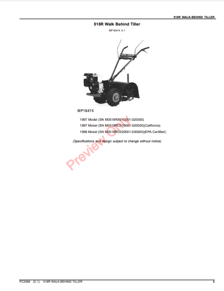 JOHN DEERE 518R WALK-BEHIND TILLER PC2589 - PARTS CATALOG MANUAL