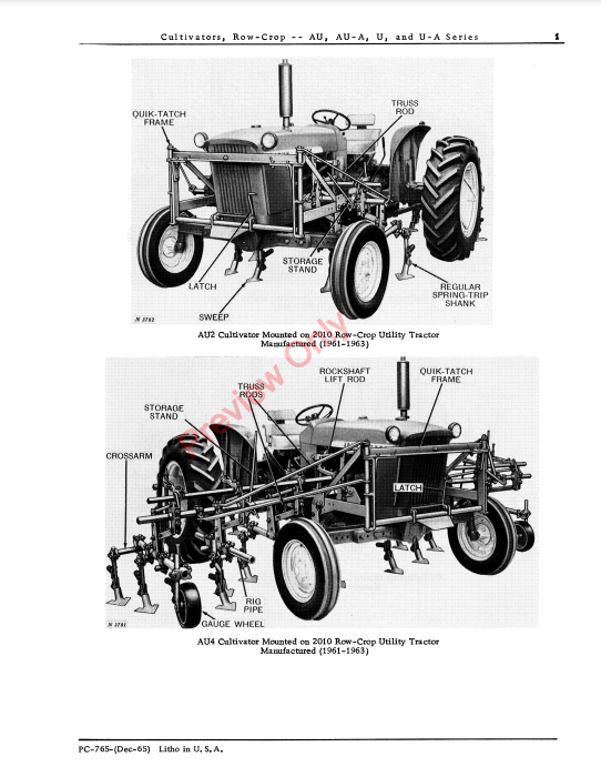 JOHN DEERE AU, AU-A, U, U-A ROW-CROP CULTIVATORS PC765 - PARTS CATALOG MANUAL