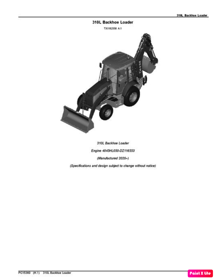 PC15360 - John Deere 310L Backhoe Loader Parts Catalogue Manual (PIN: 1T0310LX_ _F390996-)