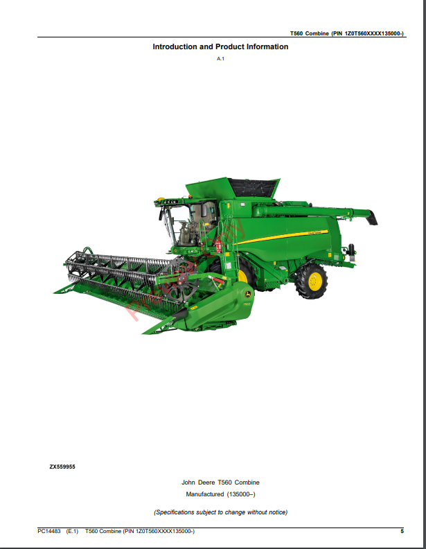 JOHN DEERE T560 COMBINE PC14483 - PARTS CATALOG MANUAL