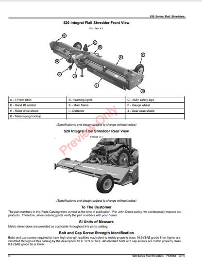 JOHN DEERE 520 SERIES FLAIL SHREDDERS PC6082 - PARTS CATALOG MANUAL