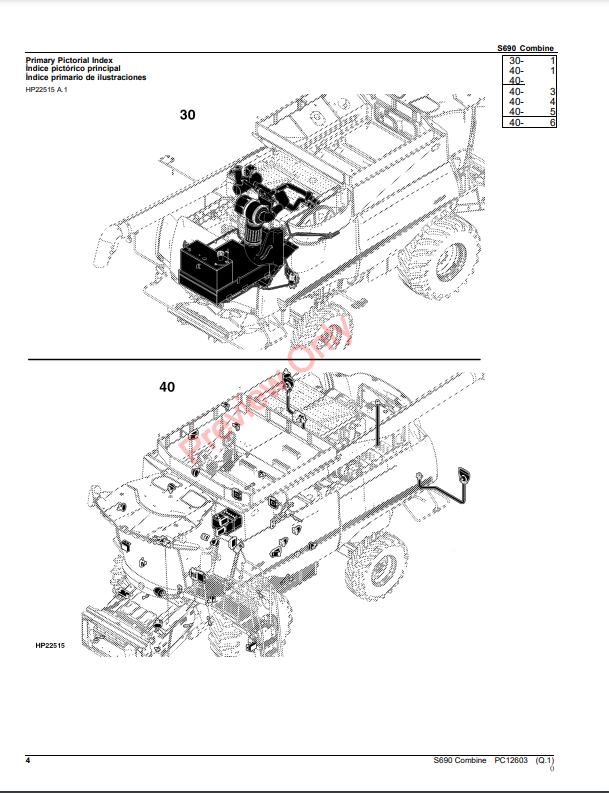 JOHN DEERE S690 COMBINE PC12603 - PARTS CATALOG MANUAL