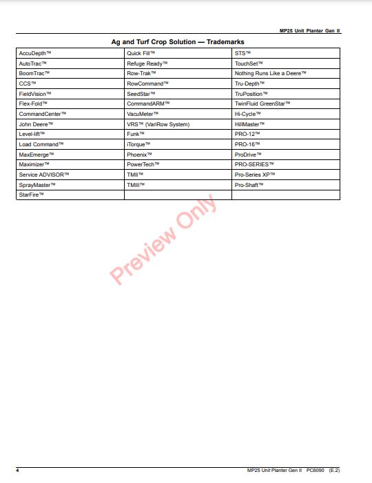 JOHN DEERE MP25 UNIT PLANTER GEN II PC6090 - PARTS CATALOG MANUAL