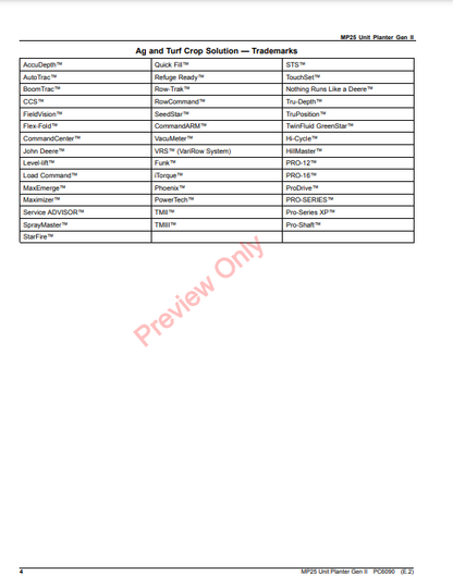 JOHN DEERE MP25 UNIT PLANTER GEN II PC6090 - PARTS CATALOG MANUAL