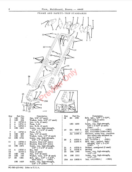 JOHN DEERE 444H MOLDBOARD PLOW,DRAWN PC583 - PARTS CATALOG MANUAL