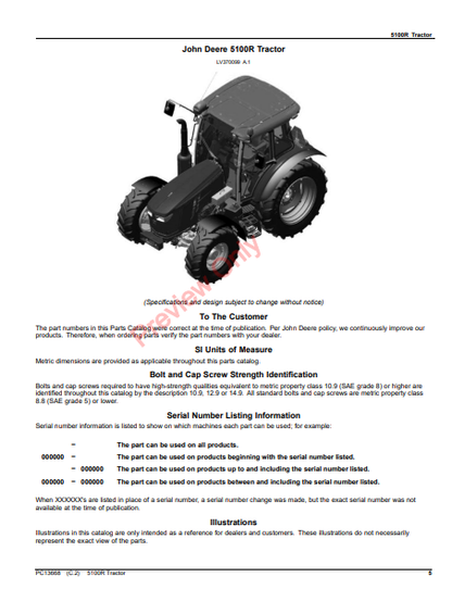 JOHN DEERE 5100R TRACTOR PC13668 - PARTS CATALOG MANUAL