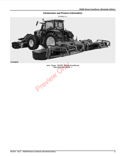 JOHN DEERE R930R MOWER-CONDITIONER (WORLDWIDE EDITION) PC3337 - PARTS CATALOG MANUAL